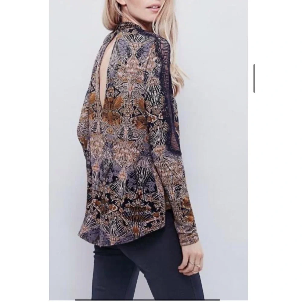 Free People blouse New World Nouveau lace trim crossover front keyhole back